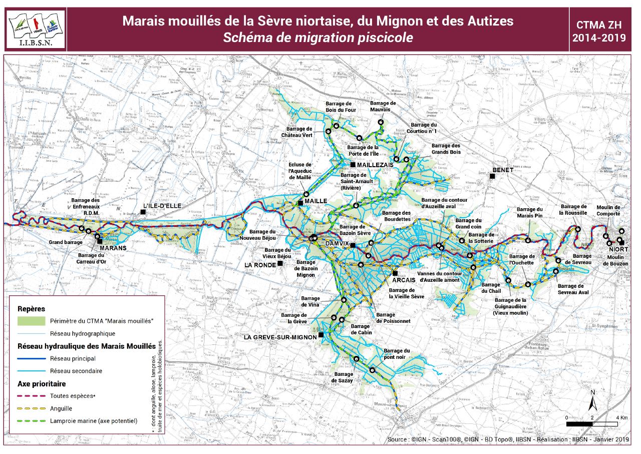 Carte relative aux axes prioritaires de migration piscicole