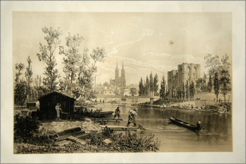 Vue sur la Sèvre, le donjon, l'église Saint-André. Impression photomécanique entre 1801 et 1810